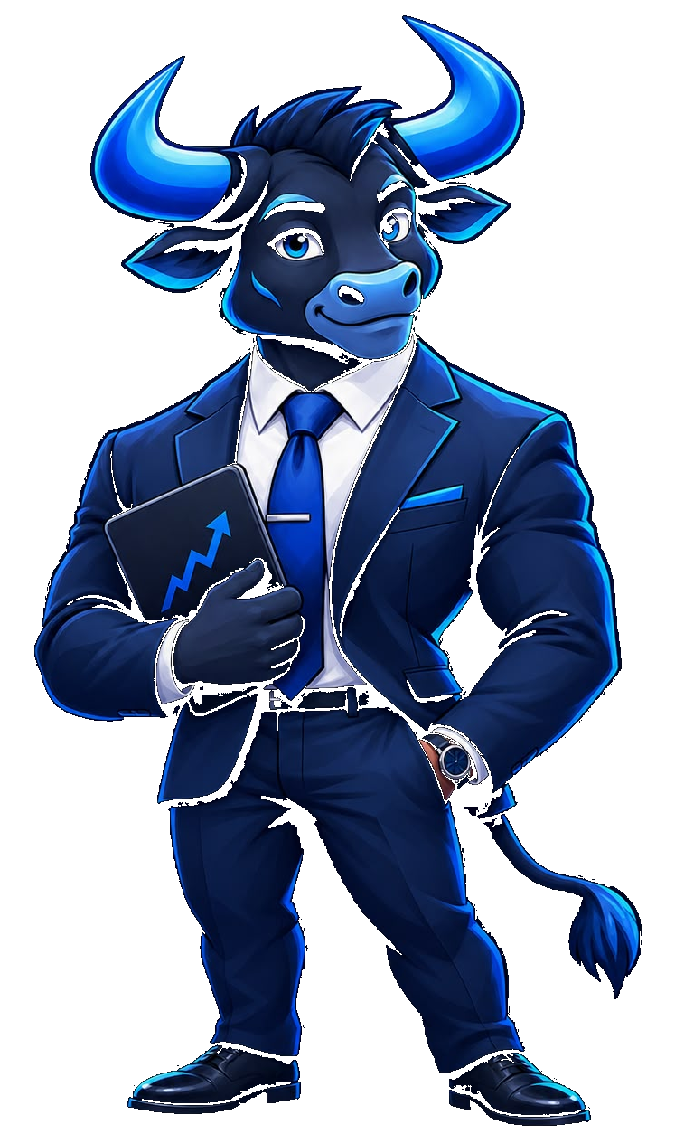 Niveshaa's bull mascot in a suit, holding a tablet showing an upward trend